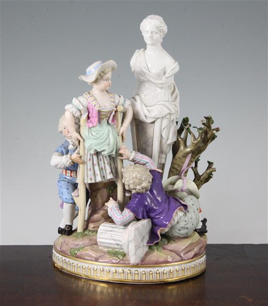 A Meissen group of children playing with stilts, 19th century, after Michel Victor Acier, 26.5cm, losses